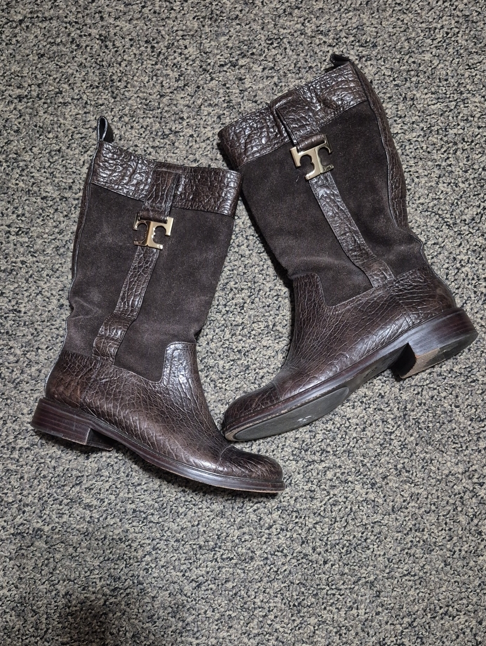 Tory Burch Brown Leather & Suede Mid-Calf Logo Boots
